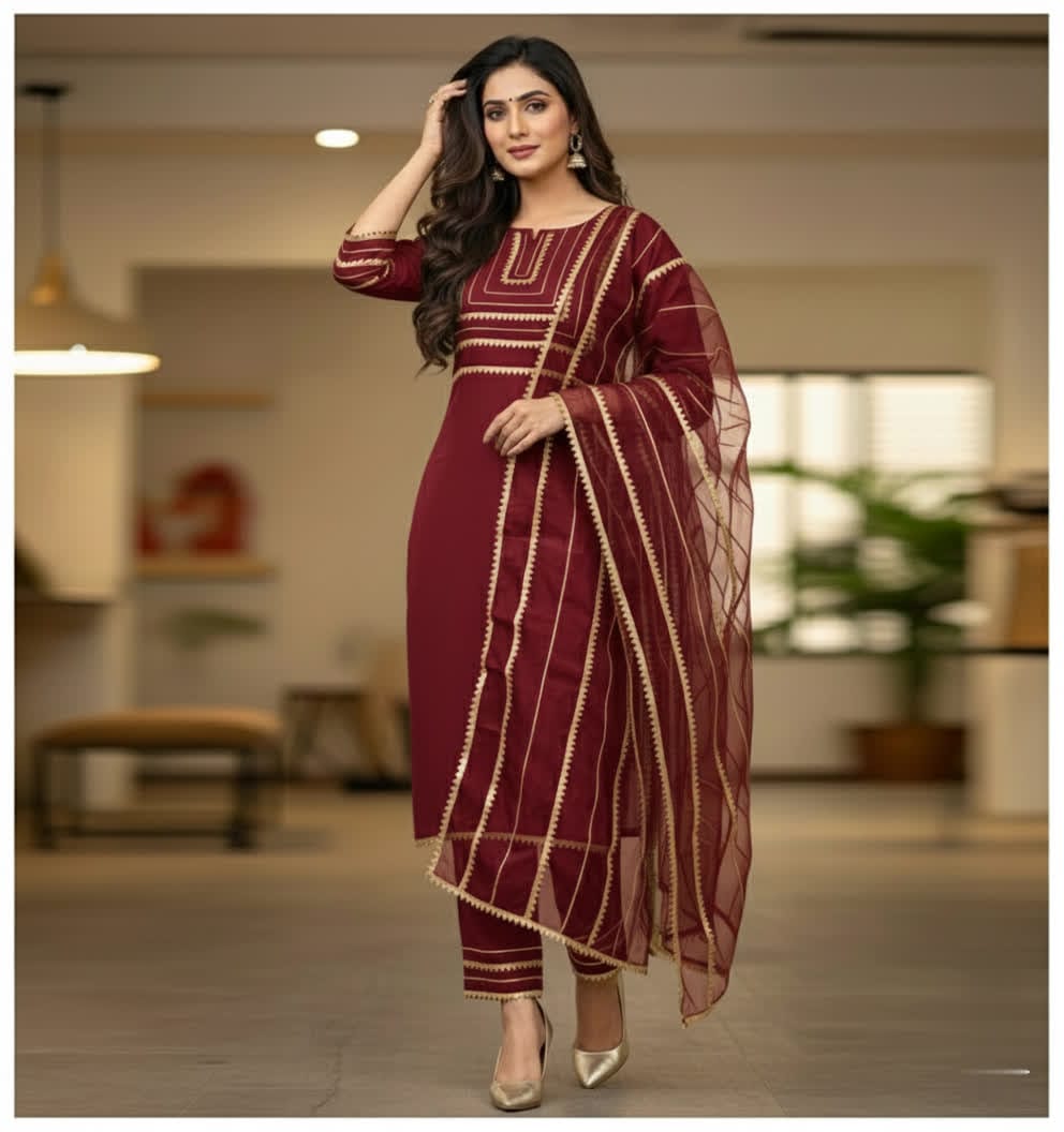 Asymmetrical Gota Patti Kurta Set – Light Gold Embroidered Bodice, Flounce Sleeves, Gold Trim Salwar Kameez With Sheer Gota Dupatta.