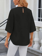 Elegant Puff Sleeve Blouse – Round Neck Button-Front Slit Hem, Short Jacket-Inspired Top For Casual And Office Wear