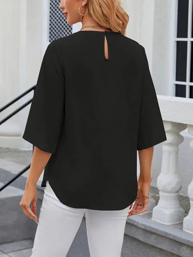 Elegant Puff Sleeve Blouse – Round Neck Button-Front Slit Hem, Short Jacket-Inspired Top For Casual And Office Wear
