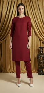 Sophisticated Pearl Detail Co-ord Set For Women, Elegant Shirt Pearl Work Top With Tailored Straight Pants.
