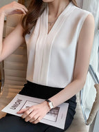 Elegant White V-Neck Chiffon Blouse For Women – Sleeveless, Lightweight Summer Top, Casual And Office Wear Shirt