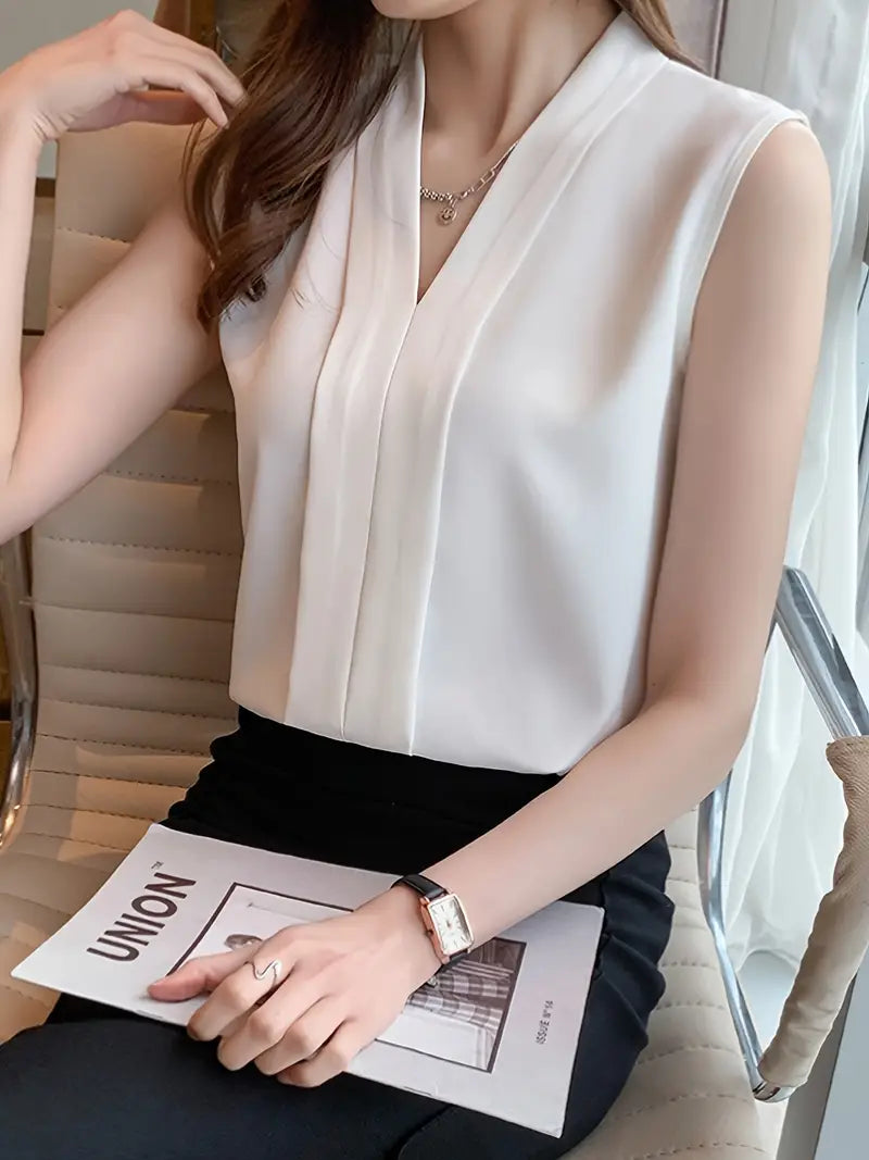 Elegant White V-Neck Chiffon Blouse For Women – Sleeveless, Lightweight Summer Top, Casual And Office Wear Shirt