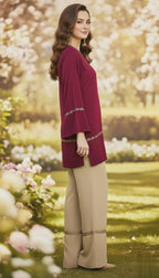 Sophisticated Crimson Lace Short Kurti With Off-White Bell Bottom Pants – Elegant Contrast Co-Ord Set