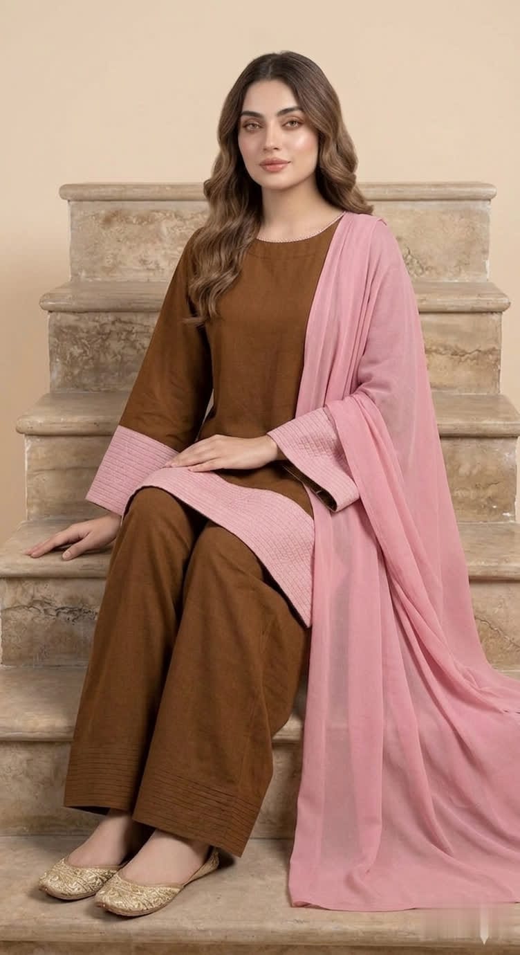 Brown And Pink Lawn Cotton Two Piece Suit - Short Shirt With Embroidery & Farshi Shalwar