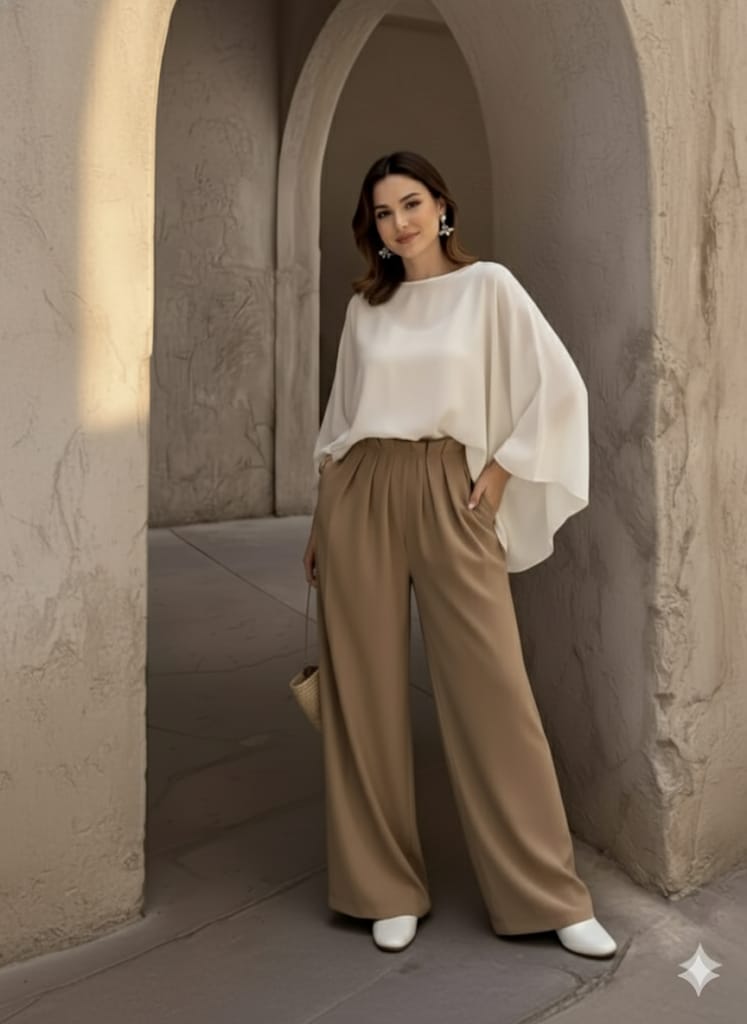 Chic Beige, Ruffled Hem, Button-Up Front - Casual Outfit - Ruffled Hem Top - Button-Up Blouse - Women’s Two-Piece Set