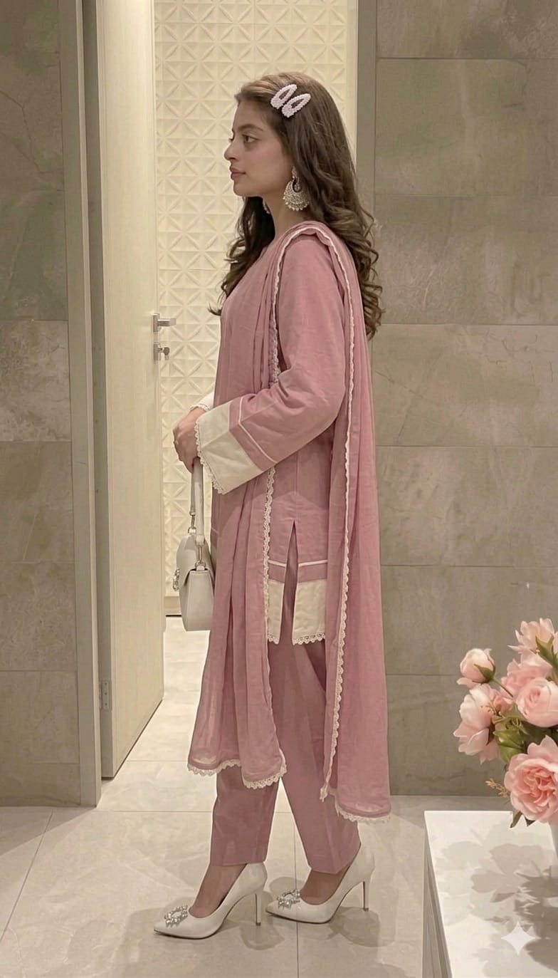 Classic Pink Linen Suit With White Hem Detail & Chiffon Dupatta.