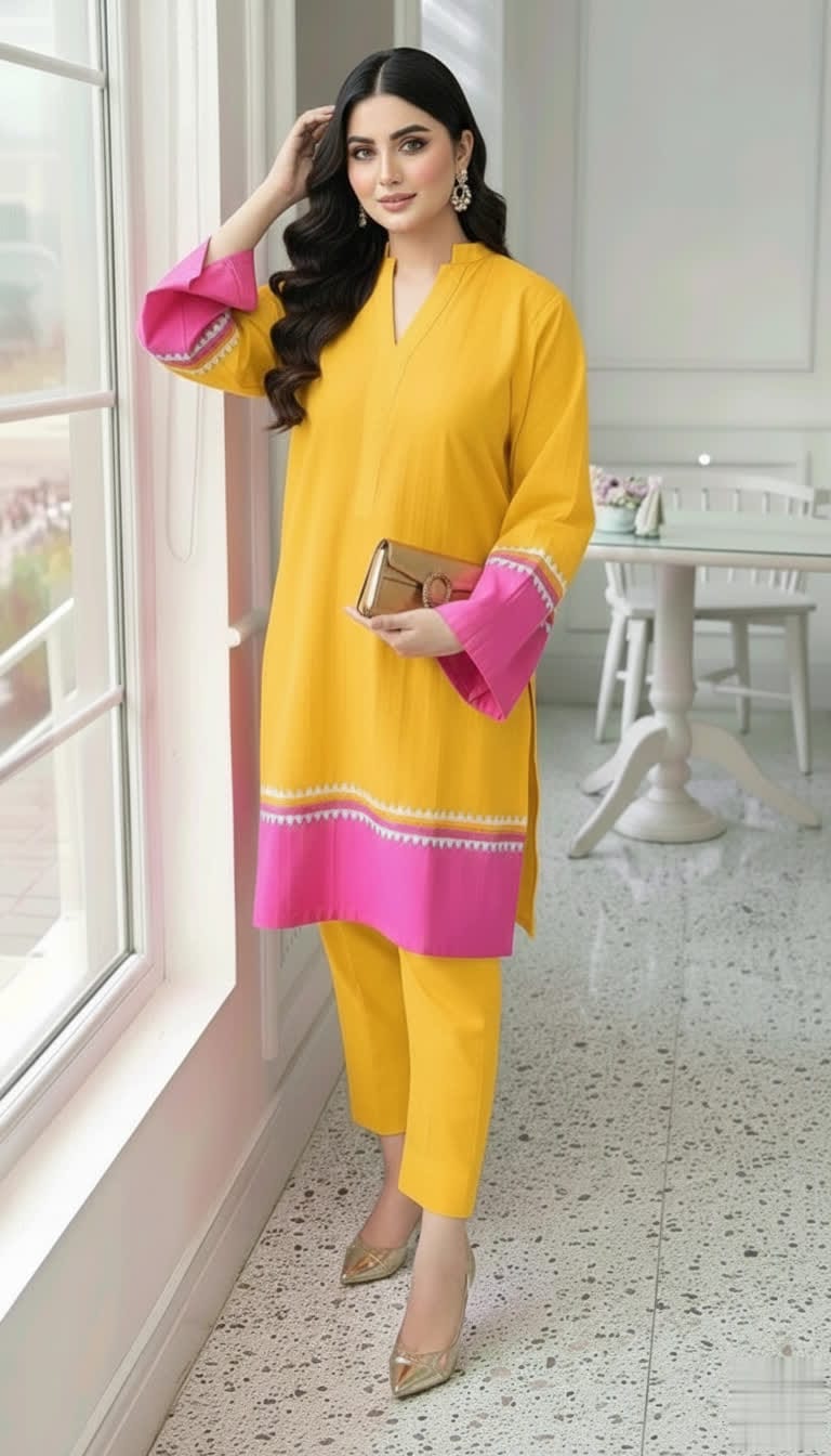 NISWA STYLE Elegant Cotton Contrast Suit – Two - Tone Long Shirt With Matching Trouser, Trendy Contrast Hem Shirt And Trouser.