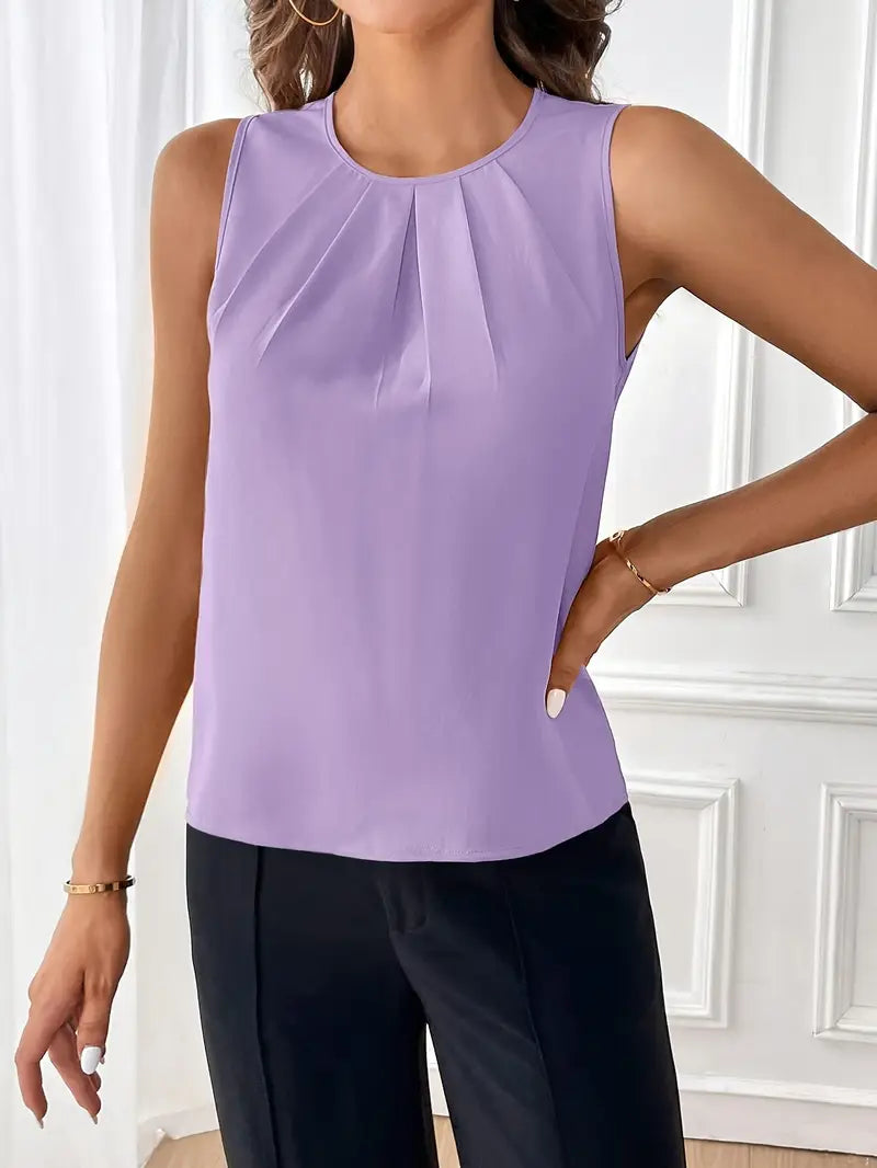 Ruffled Women’s Sleeveless Blouse, Elegant Crew Neck Top For Casual Outfits And Semi-Formal Occasions