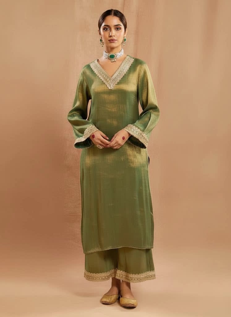 Women’s Long Green Silk Shirt & Trouser Set – Elegant 2-Piece Outfit With Lace Detailing - Formal Ethnic Wear Suit