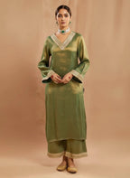 Women’s Long Green Silk Shirt & Trouser Set – Elegant 2-Piece Outfit With Lace Detailing - Formal Ethnic Wear Suit