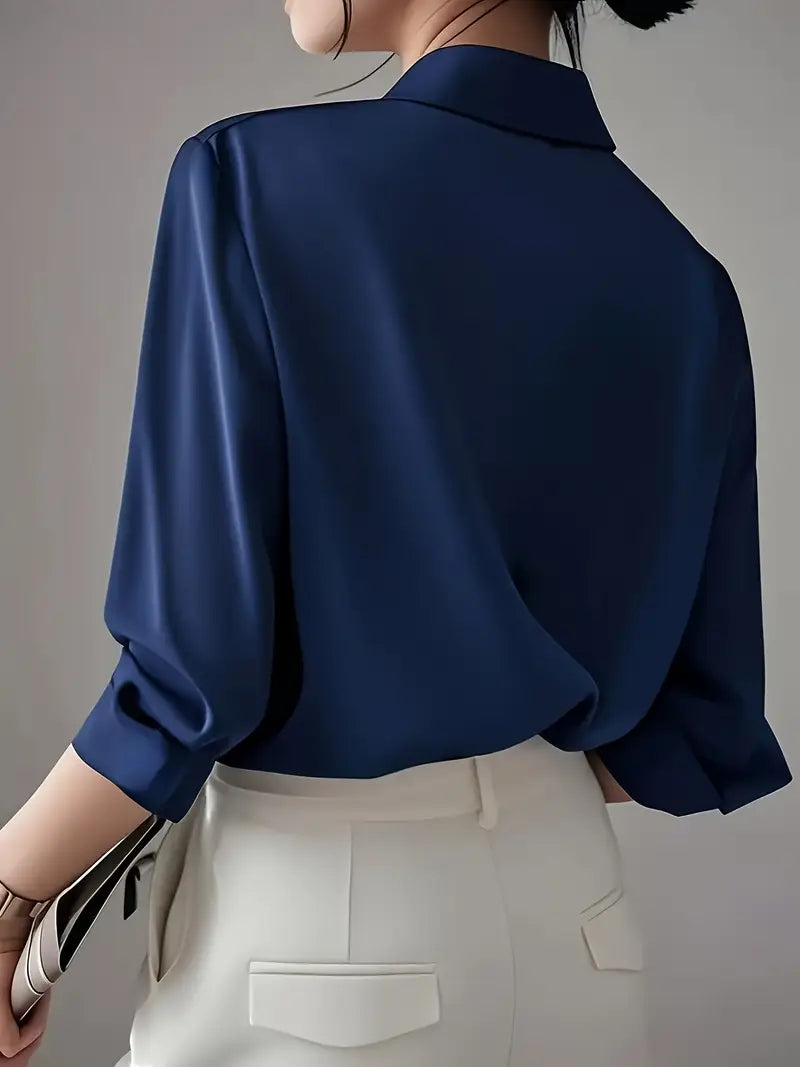 Elegant Long Sleeve Blouse, Classic Solid Color Button-Up Shirt With Lapel Collar, Office And Casual Wear