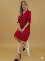 Women's Casual V-Neck Short Sleeve Dress –  A-Line Swing Dress,  Everyday Comfort Wear – All-Season Elegant Midi Dress