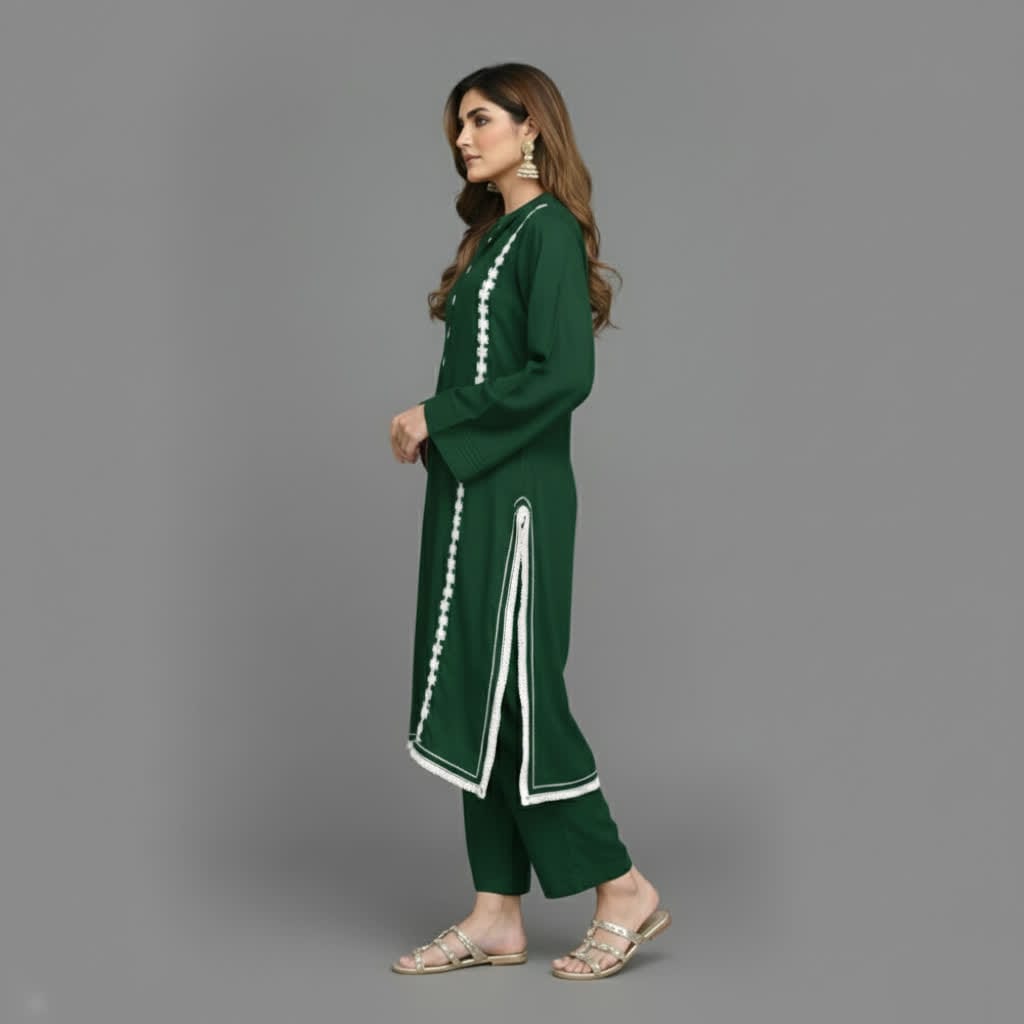 Modern Lace Kurta Co-ord Set, Stylish Long Kurta With Florals & Straight Pants With Stand Collar & Decorative Buttons.