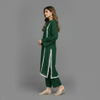 Modern Lace Kurta Co-ord Set, Stylish Long Kurta With Florals & Straight Pants With Stand Collar & Decorative Buttons.