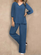 Women’s V-Neck Lantern Sleeve Two-Piece Set – Chic Outfit With Drawstring Waist Top & Flared Pants, Elegant Casual Fashion Suit