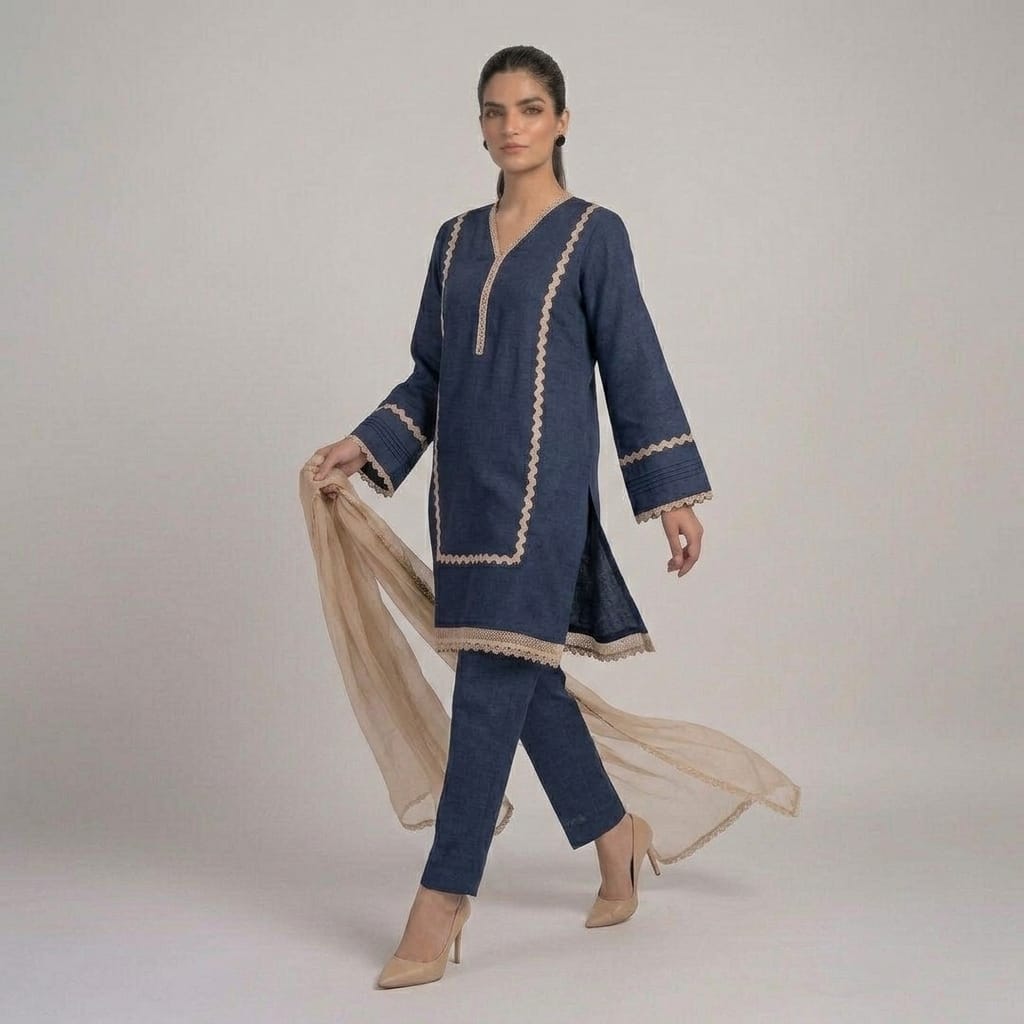 Beige Straight Kurta With Black Zig-Zag Lace