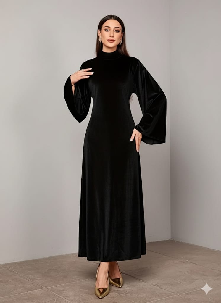Elegant Full-Length Velvet Maxi Dress For Women, Long Sleeve Gown With Belt, Zipper Back And Tie Detail  Formal Evening Dress