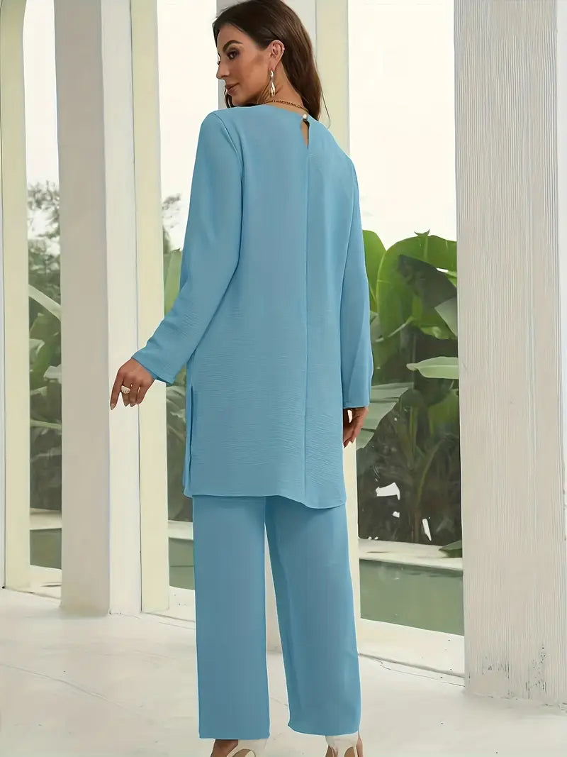 Elegant Women’s 2-Piece Set – Loose Round Neck Long Sleeve Top & Casual Wide-Leg Pants | Cozy Loungewear Outfit, Stylish Two-Piece Suit