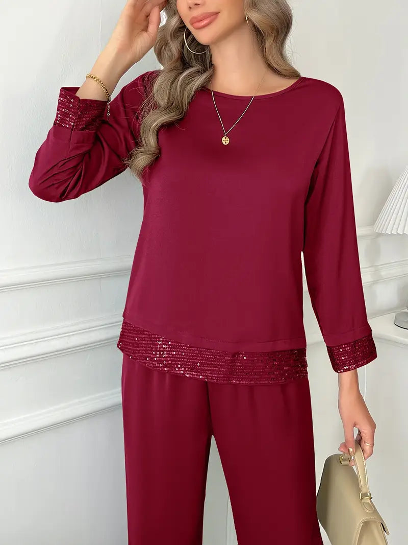 Elegant Two-Piece Set – Long Sleeve Lace Stitching Top & Matching Pants |Stylish, Comfortable and Classy Fashion Set