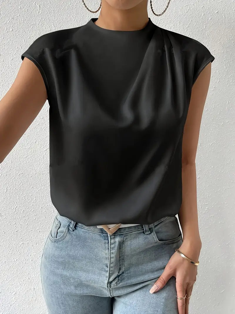 Stylish Black Batwing Sleeve Blouse, Crew Neck Short Sleeve Top With Front Slit, Smooth And Comfortable Top