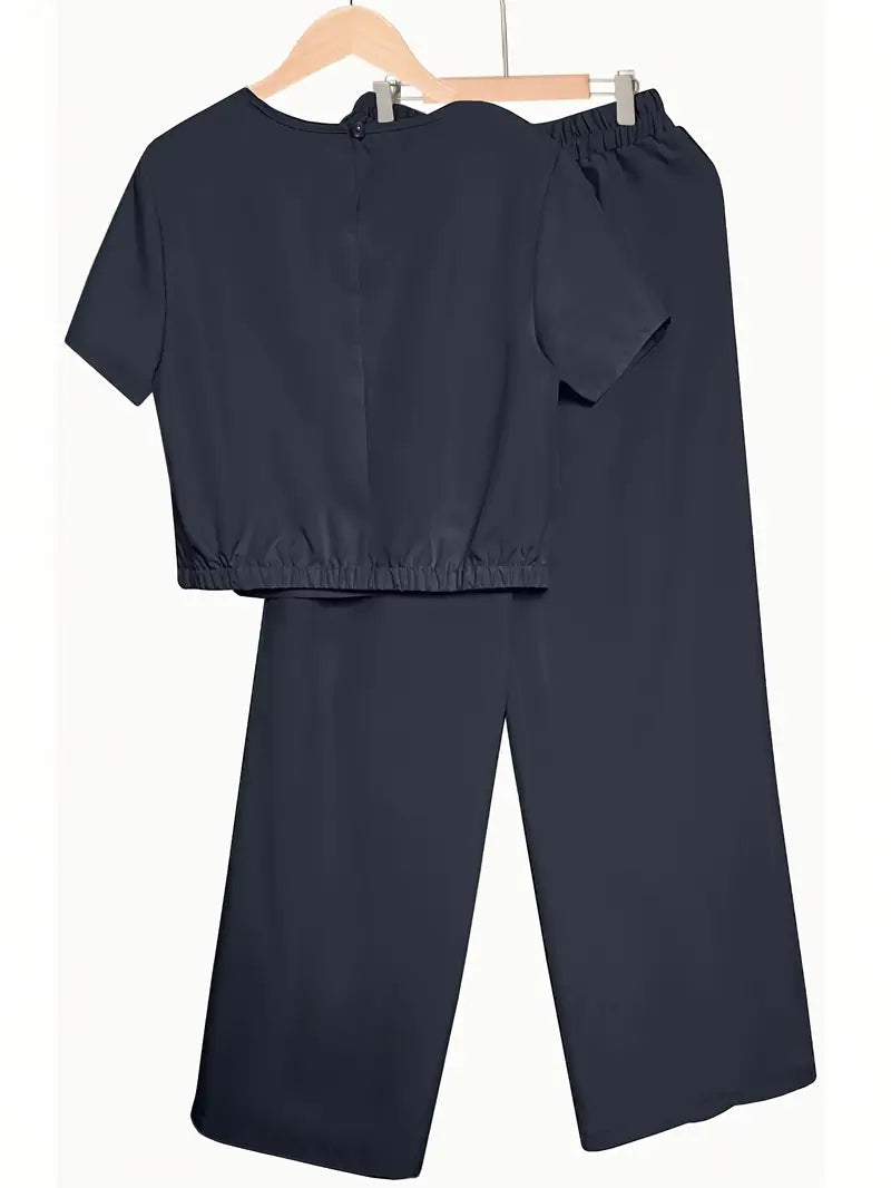 Elegant 2-Piece Set, Short Sleeve Top & Wide Leg Pants With Pockets, Regular Fit, Effortless Casual & Dressy Wear