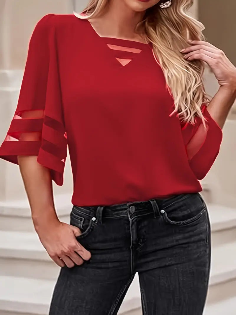 Elegant V-Neck T-Shirt – 3/4 Sleeve  Blouse With Breathable Mesh Panel Top For Casual & Everyday Wear