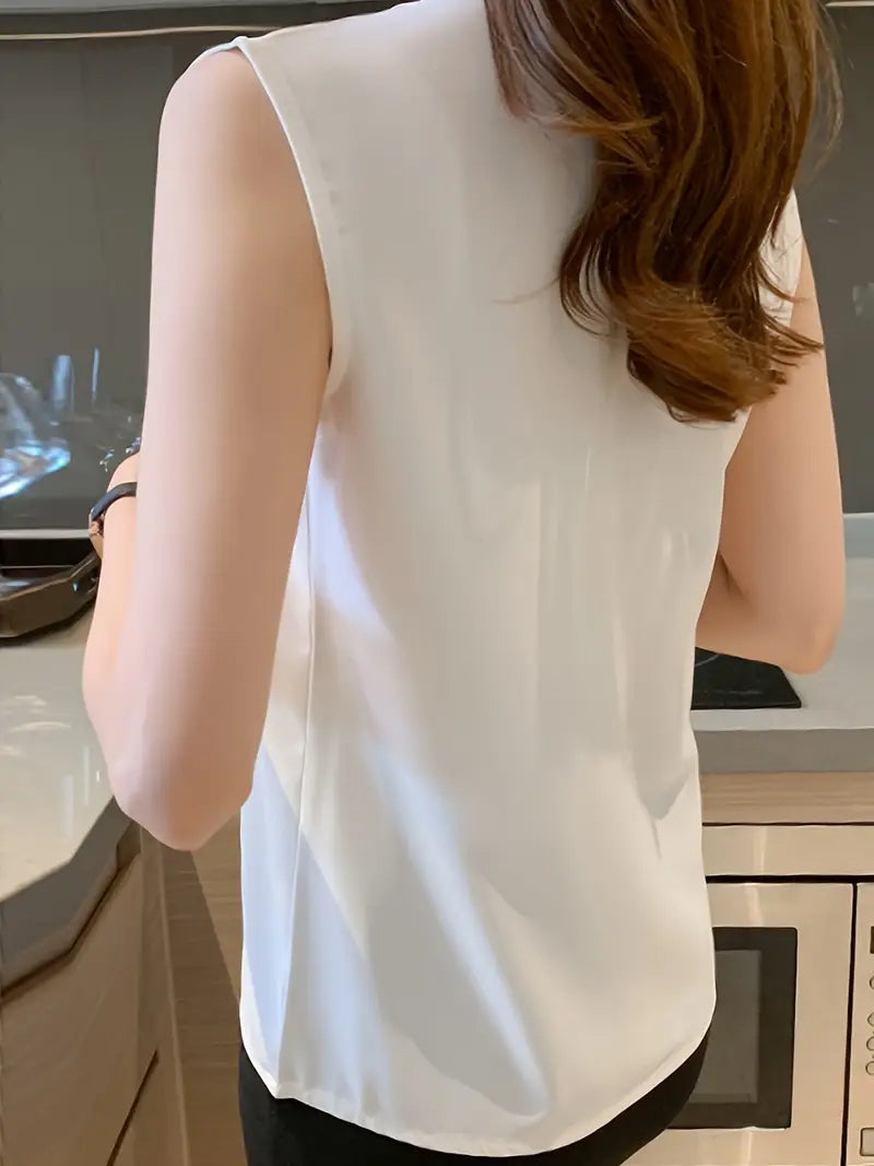 Elegant White V-Neck Chiffon Blouse For Women – Sleeveless, Lightweight Summer Top, Casual And Office Wear Shirt