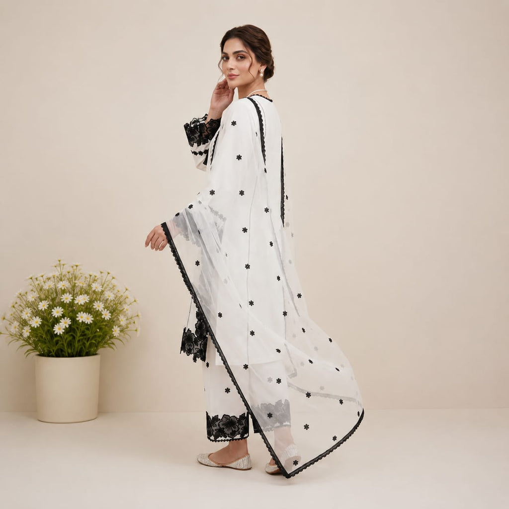 Timeless Monochrome White Straight Kurta With Black Floral Cutwork