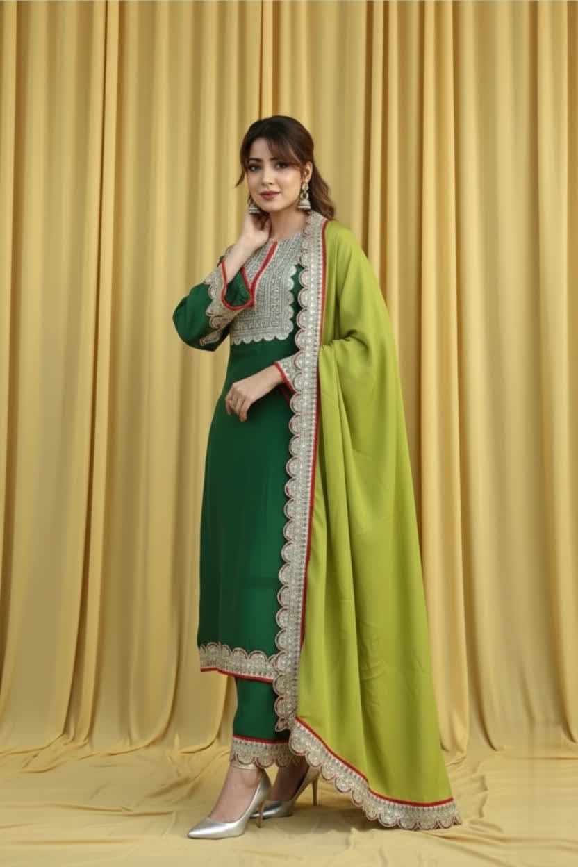 Women’s Traditional Green Silk Kurta Trouser Set – Straight Fit, Light Green Border Dupatta