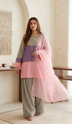 Color Block Lawn Suit Grey, Purple & Pink Short Kurta With Farshi Shalwar & Organza Dupatta