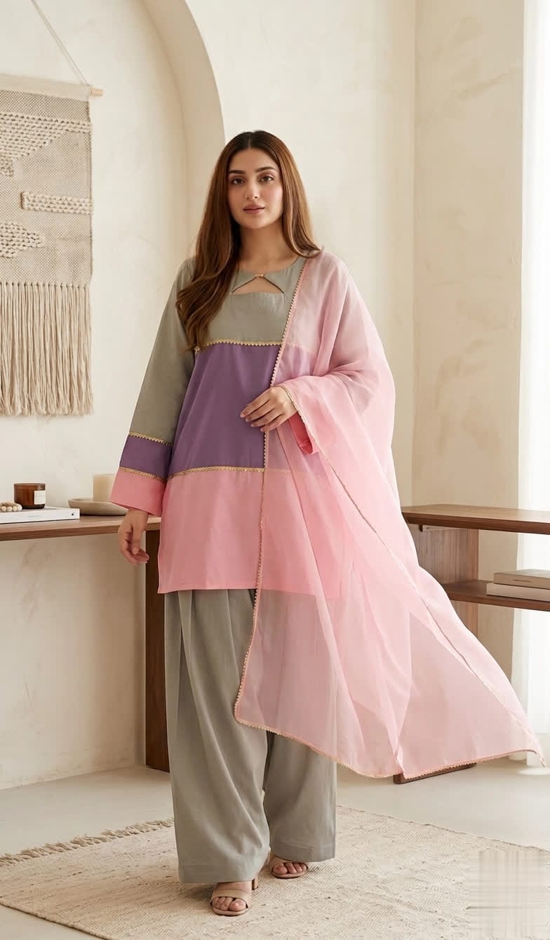 Color Block Lawn Suit Grey, Purple & Pink Short Kurta With Farshi Shalwar & Organza Dupatta