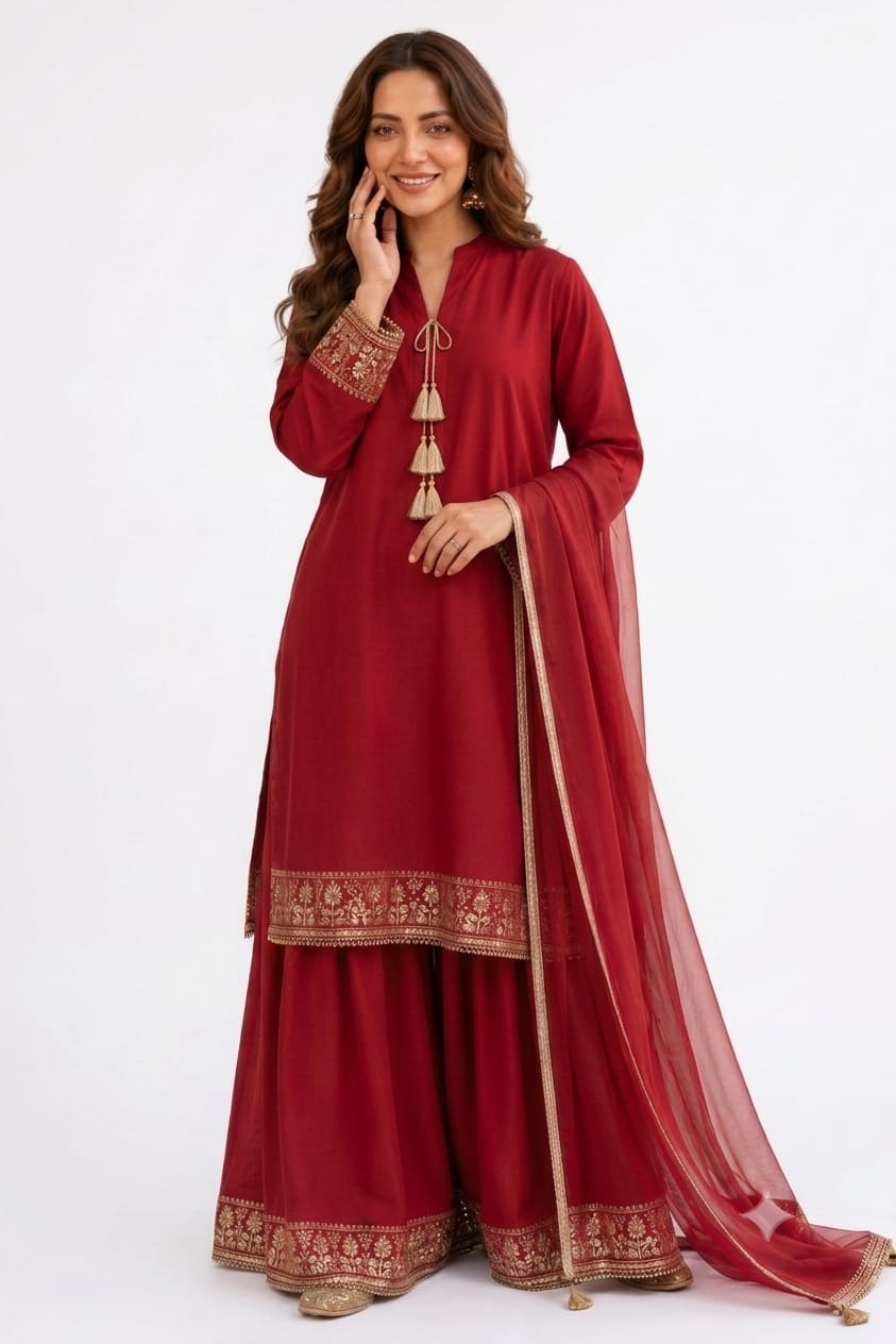 Red Signature Lace Embroidered Cambric Lawn Suit