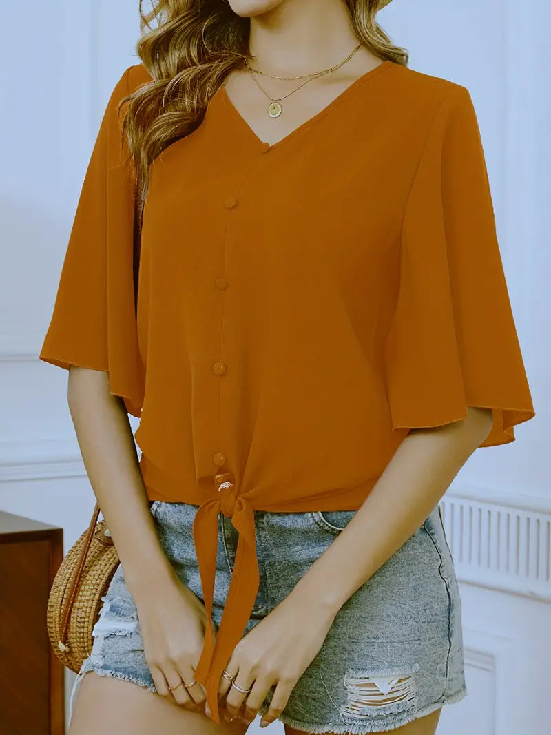 Elegant Blouse –  V-Neck Top With Bell Sleeves And Decorative Buttons For Casual Or Dressy Outfits