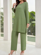 Elegant Women’s 2-Piece Set – Loose Round Neck Long Sleeve Top & Casual Wide-Leg Pants | Cozy Loungewear Outfit, Stylish Two-Piece Suit