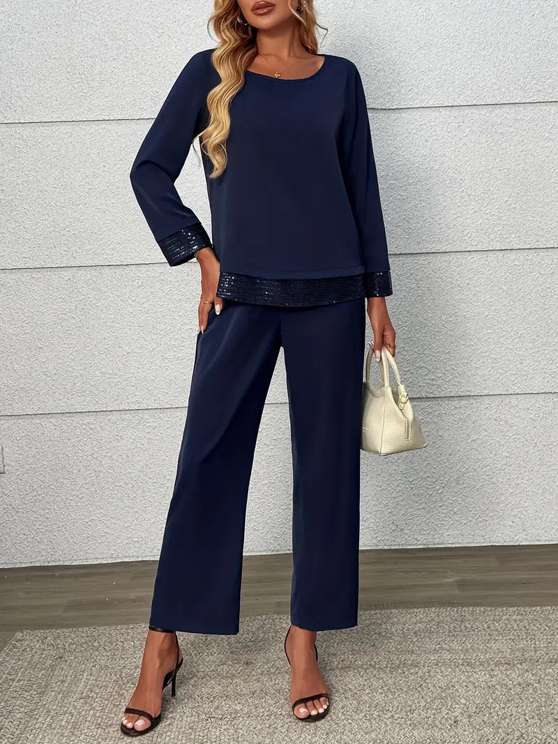 Elegant Two-Piece Set – Long Sleeve Lace Stitching Top & Matching Pants |Stylish, Comfortable and Classy Fashion Set