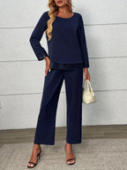 Elegant Two-Piece Set – Long Sleeve Lace Stitching Top & Matching Pants |Stylish, Comfortable and Classy Fashion Set