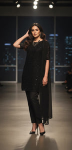 Modern Net Embroidered Short Shirt Suit - Sequins Round Neck Top With Plain Trouser & Dupatta.