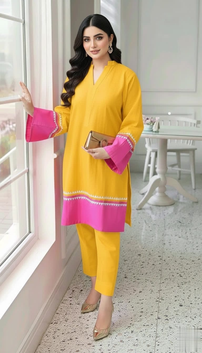 NISWA STYLE Elegant Cotton Contrast Suit – Two - Tone Long Shirt With Matching Trouser, Trendy Contrast Hem Shirt And Trouser.