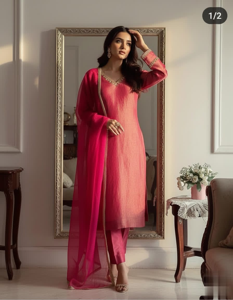 Elegant Shimmer Silk Ethnic Wear Set – Straight Kurta With V-Neck, Chiffon Dupatta & Shantoon Bottoms.