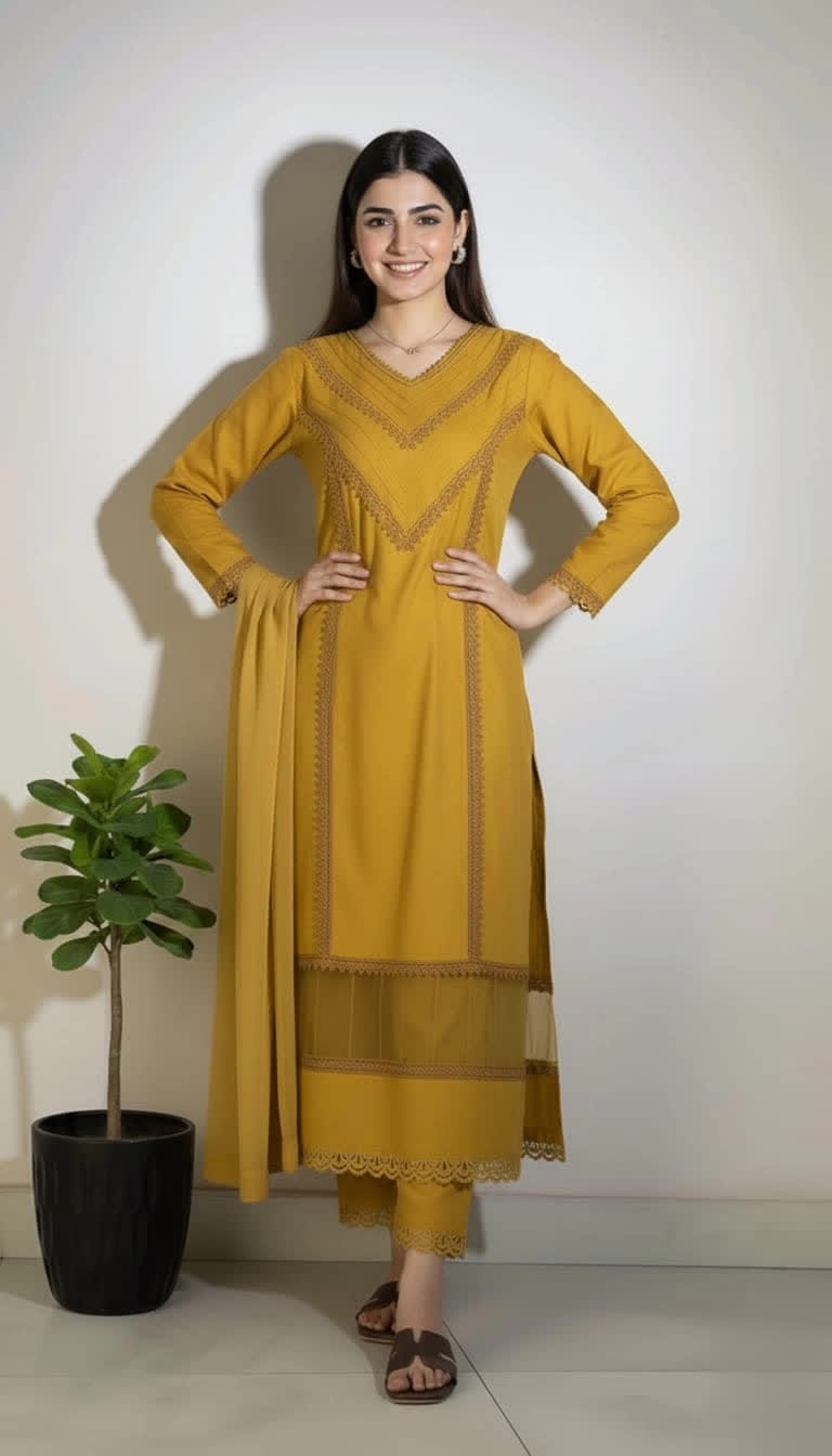 Cotton Lace Kurta Set For Women – 3 Piece Ethnic Suit With Chiffon Dupatta. |