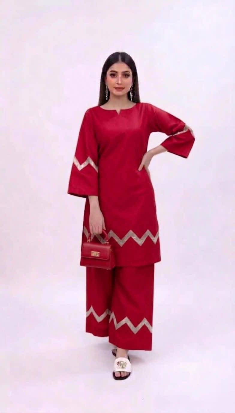 Elegant Royal Blue Silk Kurti & Wide-Leg Trouser Set – Women’s 2-Piece Outfit With Silver Zigzag Detailing