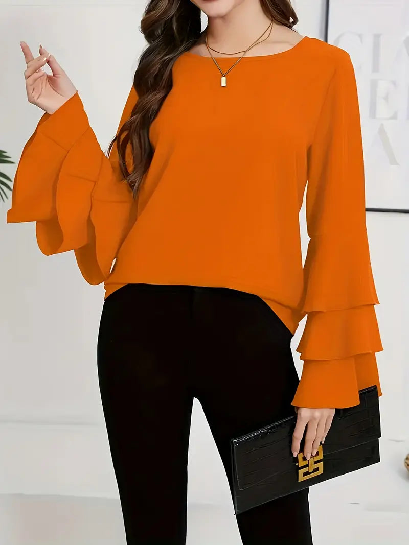 Elegant Layered Flared Sleeve Blouse, Round Neck Long Sleeve Top, Lightweight Structured Fit, Casual & Formal Stylish Shirt