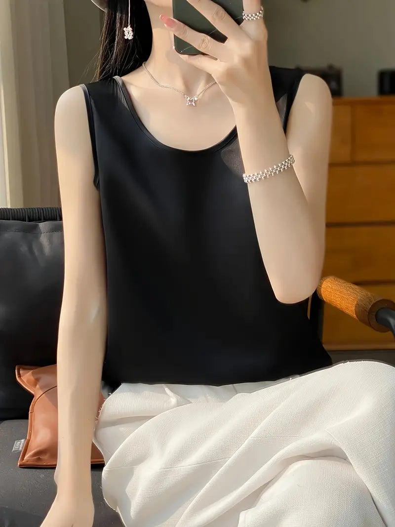 Elegant Low-Neck Sleeveless Tank Top – Semi-Sheer Stretchy Shirt, Layering Piece, Lightweight Top For Casual Wear