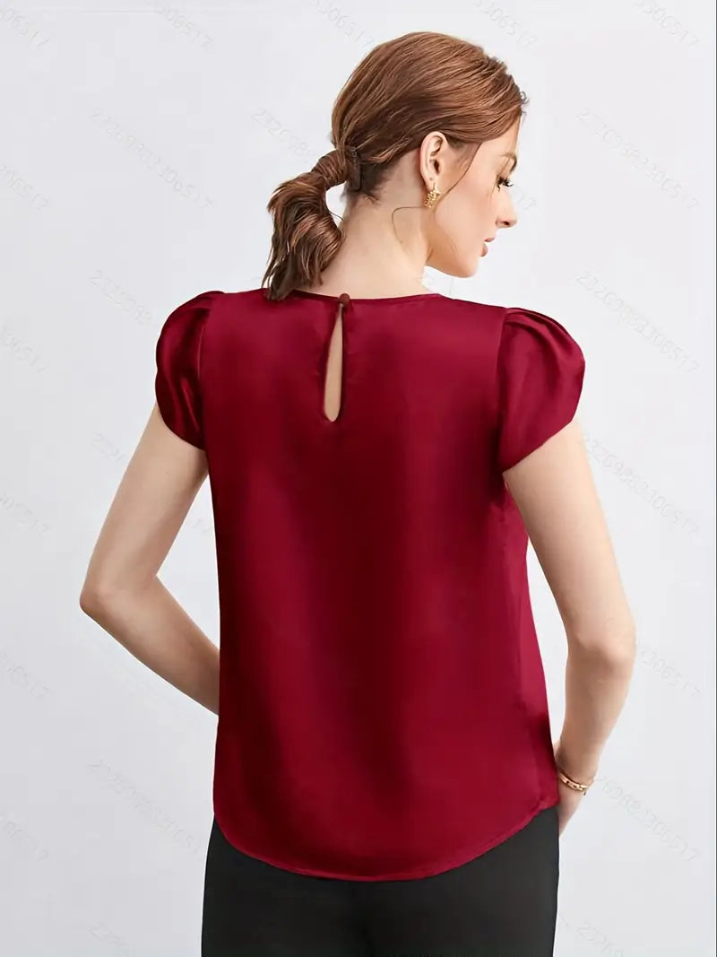 Women’s Round Neck Ruffled Petal Sleeve Top, Casual Chic Glossy Texture Ladies Blouses