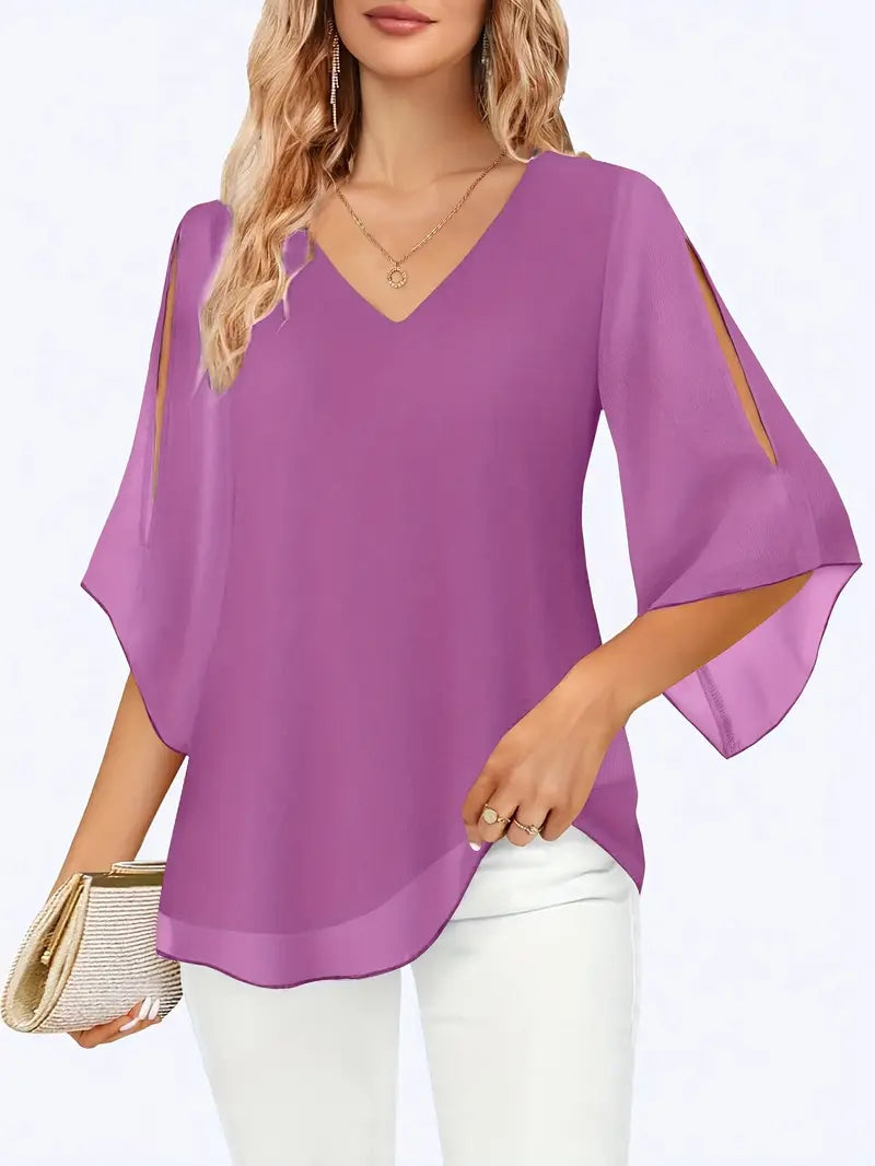 Elegant V-Neck Shirting Blouse, 3/4 Sleeve Top With Double Layer Mesh, Hollow Details, Casual & Formal Blouse