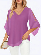 Elegant V-Neck Shirting Blouse, 3/4 Sleeve Top With Double Layer Mesh, Hollow Details, Casual & Formal Blouse