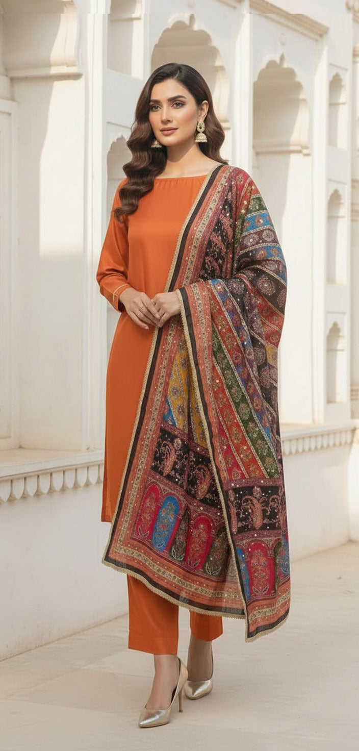 Colourful Ethnic Suit Set With Spectacular Embellished Mirrored Dupatta