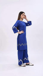 Elegant Royal Blue Silk Kurti & Wide-Leg Trouser Set – Women’s 2-Piece Outfit With Silver Zigzag Detailing