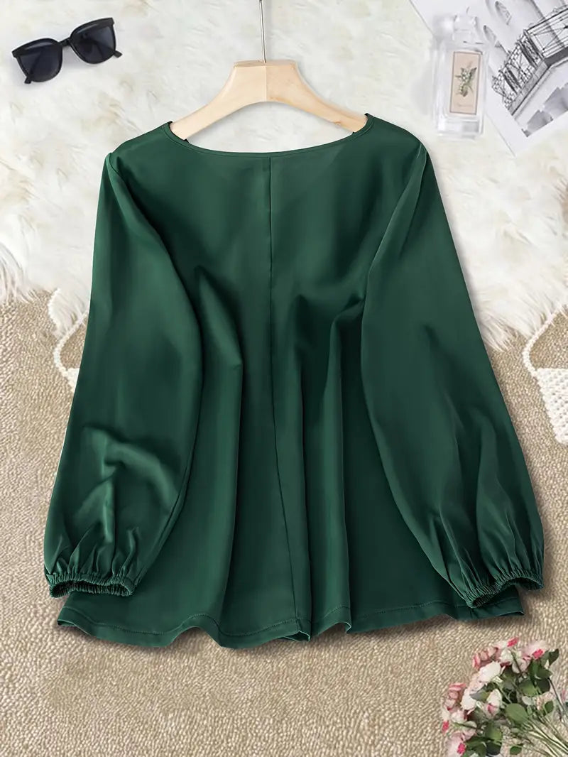 Elegant V-Neck Puff Sleeve Blouse – Solid Emerald Green, Long Sleeve Button-Up Top Office & Casual Wear
