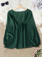 Elegant V-Neck Puff Sleeve Blouse – Solid Emerald Green, Long Sleeve Button-Up Top Office & Casual Wear